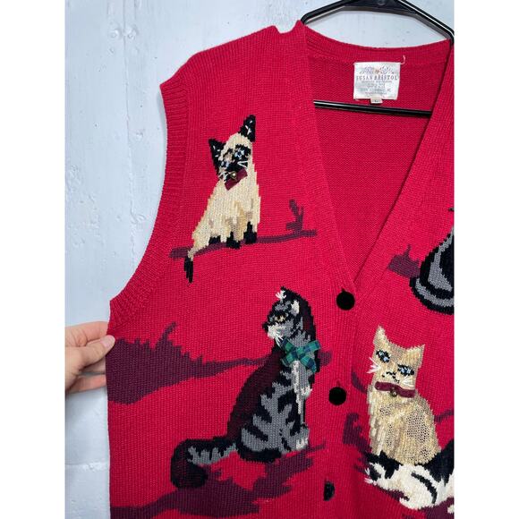 Vintage Cat sweater vest Susan Bristol Y2K 1995 Red Large - Picture 3 of 7